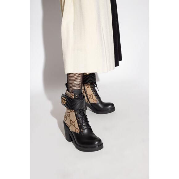 Gucci Beige & Black GG Marmont Combat Ankle Boots  Leather Canvas 38.5 - Picture 9 of 10